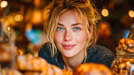oung woman smiling while choosing fresh pastries in a cozy bakery.の素材