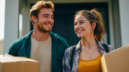 Smiling young couple carrying cardboard boxes, moving into their new home.の素材