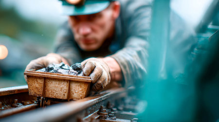 Industrial worker handling coal by railway track, representing energy and labor.の素材