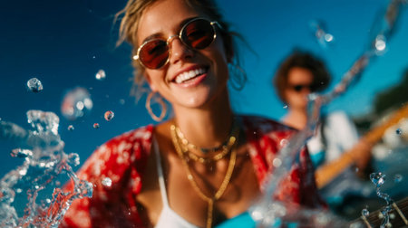 Joyful young woman in sunglasses smiling with water splashes in a bright outdoor summer scene.の素材