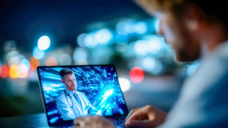 Patient having an online telemedicine consultation with a female doctor via laptop video call.の素材