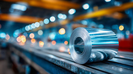 Shiny galvanized steel roll placed inside a modern factory workshop with industrial lights in the background.の素材