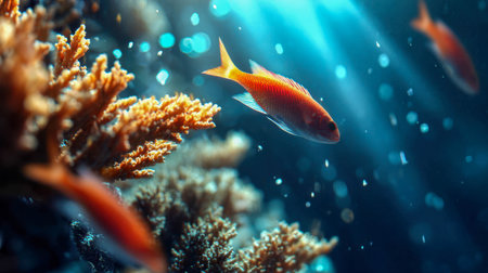 A vibrant coral reef with exotic fish swimming through the clear blue waters.の素材