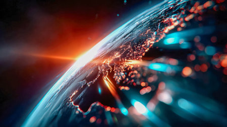 Stunning view of Earth from orbit with glowing city lights and a rising sun, symbolizing global unity, energy, and the future.の素材