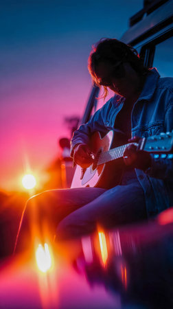 Young woman playing guitar at sunset beside a vintage van, capturing freedom, creativity, and bohemian lifestyle.の素材