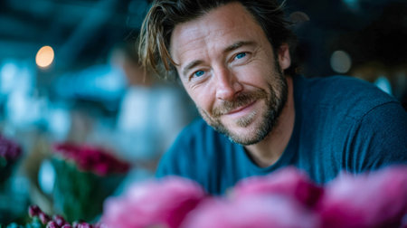 Friendly portrait of a man with blue eyes smiling in a shop environment with flowers in foreground.の素材