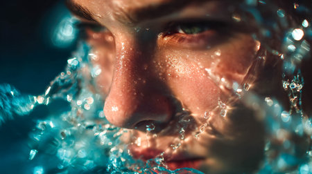 Intense close-up of a face in water with blue eyes and splashing droplets, expressing vitality and determination.の素材