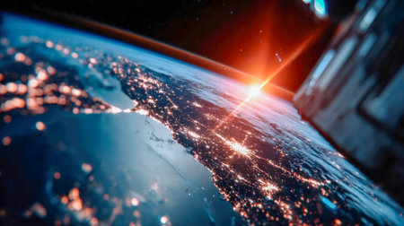 Stunning view of Earth from space at night with glowing city lights and bright energy beams across the atmosphere.の素材