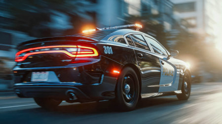 Police patrol car speeding through city streets with flashing lights during pursuit.の素材