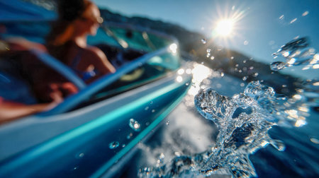 Woman enjoying a speedboat ride on a sunny summer day, with water splashing in motion, symbolizing freedom, vacation, and adventure.の素材