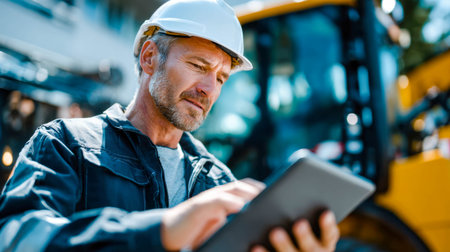 Experienced engineer in helmet using a tablet at construction site with machinery in background.の素材