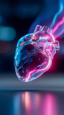 Futuristic glass heart glowing with blue and pink neon light reflections in a dark space.の素材