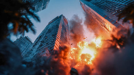 Massive fiery explosion between tall skyscrapers in city, with smoke and flying debris.の素材
