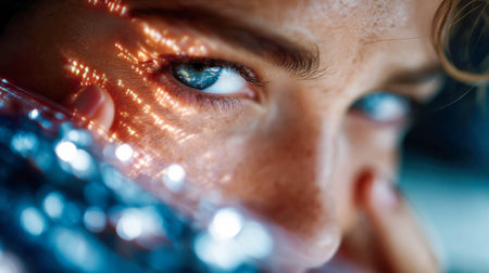 Human eye merged with glowing digital circuit patterns, symbolizing AI, biometrics, and cyber identity.の素材