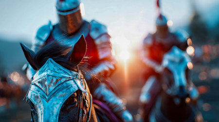 Close-up of medieval knights in shining armor riding horses at sunset.の素材