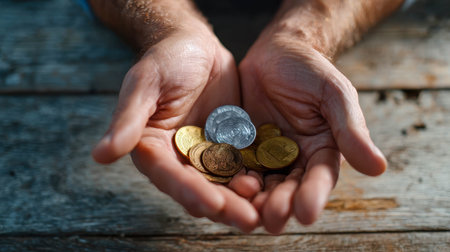 Close-up of male hands holding a handful of gold and silver coins over rustic wooden surface, symbolizing savings or charity.の素材