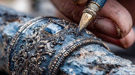 Close-up of artisan hands engraving ornate jewelry with gemstone using traditional tools.の素材
