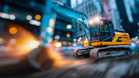 Heavy-duty yellow excavator working on a construction site at sunset, symbol of power and development.の素材