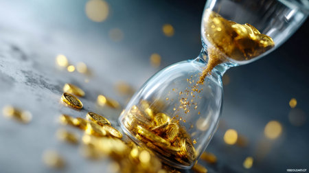 Hourglass with golden coins instead of sand, symbolizing time is money and financial investment.の素材