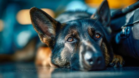 Close-up of a German shepherd dog lying down, alert and watchful, symbolizing loyalty, protection, and companionship.の素材