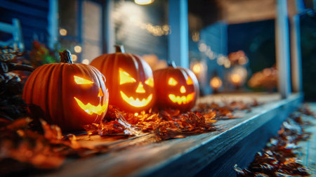 Glowing jack-o'-lantern pumpkins on a porch at night with autumn leaves, symbolizing Halloween celebration.の素材