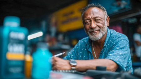 Smiling auto mechanic in workshop looking at camera with confidence, blurred tools in background.の素材