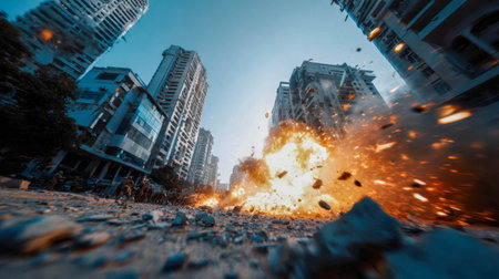 Massive explosion in a city street surrounded by tall buildings, with debris and fire filling the air.の素材