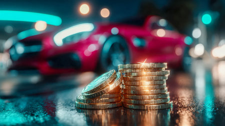 Stacked golden Bitcoin coins on a city street with blurred cars in the background, symbolizing finance and cryptocurrency.の素材