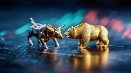 Golden bull and bronze bear figurines facing off on stock market background, symbolizing trading, finance, and economy trends.の素材