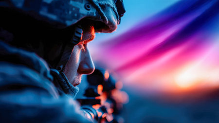 Armed soldier aiming through a scope at sunset, symbolizing military power, precision, and defense.の素材