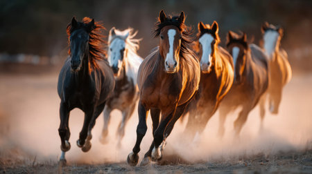 Powerful herd of wild horses galloping across a dusty field at sunset, symbolizing strength and freedom.の素材
