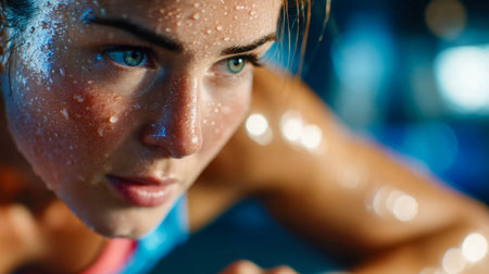 Close-up of a determined young woman sweating during an intense fitness workout at the gym.の素材