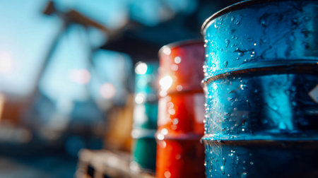 Industrial metal barrels with liquid being poured inside, highlighting storage and environmental concepts in industry.の素材