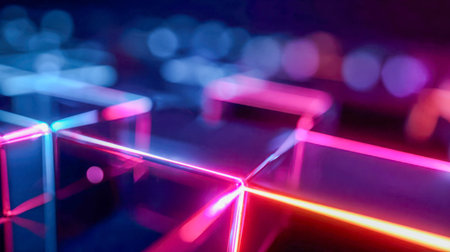 Futuristic neon geometric shapes glowing against a dark background, creating a sci-fi atmosphere with bright, vibrant colors.の素材