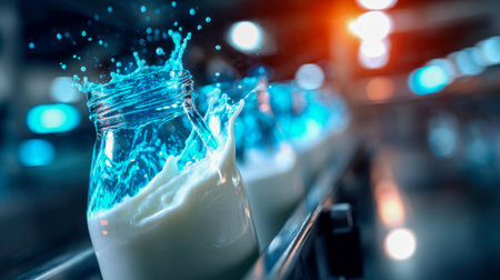 Fresh milk being poured into glass bottles on a modern dairy production line.の素材