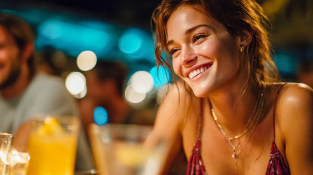 Beautiful young woman smiling and enjoying her time at a bar with drinks in the foreground.の素材