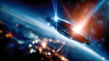 Futuristic depiction of a classic flying saucer UFO hovering above Earth in outer space.の素材