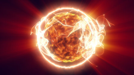 Fiery orange energy sphere with intense glowing particle ribbons and radiant heat waves exploding...