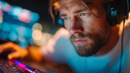 Focused gamer in headphones playing online games on a laptop in a dimly lit gaming environment.の素材