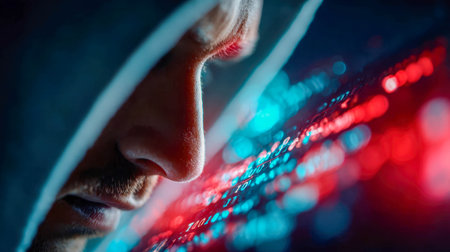 Anonymous masked hacker in a hoodie standing in front of digital code, symbolizing cybersecurity threats.の素材