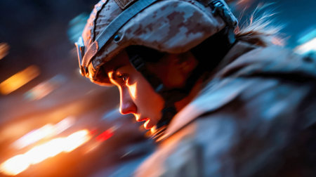 Focused female soldier in camouflage helmet moving through an urban combat zone, illuminated by dramatic lighting.の素材