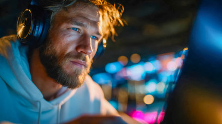 Focused young man wearing headphones, playing online games on a laptop with colorful lighting.の素材