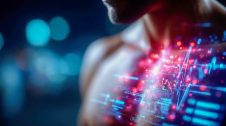 Digital futuristic healthcare interface with holographic medical data and technology-driven diagnostics.の素材