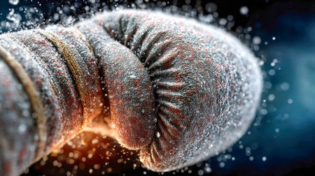 Extreme close-up of a boxing glove in mid-punch with water splash effects, emphasizing power and motion.の素材