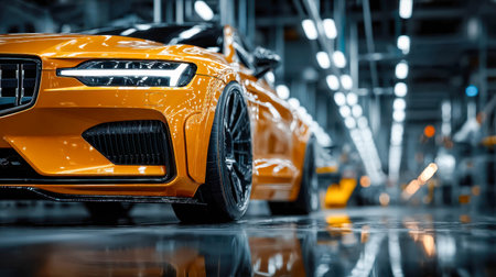 Sleek orange car on an automated assembly line inside a high-tech manufacturing facility, showcasing automotive innovation and design.の素材