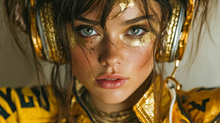 Striking close-up portrait of a girl in golden headphones with metallic makeup and glittering jacket, exuding modern fashion.の素材