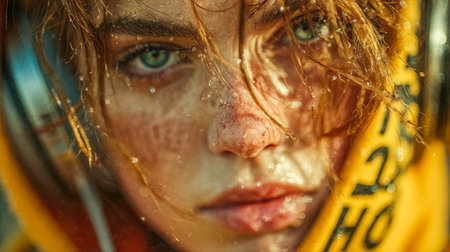 Expressive artistic portrait of a girl listening to music with colorful headphones, captured in an emotional and stylized photorealistic painting.の素材