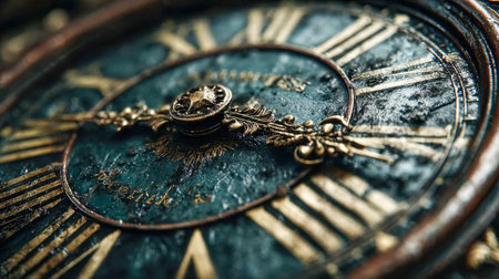 Detailed close-up of an antique clock face with ornate hands and Roman numerals.の素材