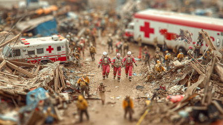 Emergency response teams and Red Cross personnel operate in a chaotic disaster zone amid debris and collapsed structures.の素材