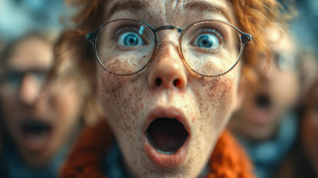 Close-up of a young woman with freckles and glasses, expressing shock and surprise.の素材